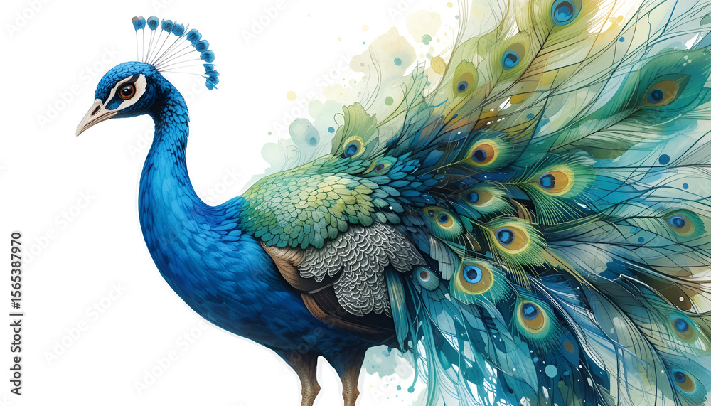 Fototapeta premium Elegant watercolor peacock displays iridescent plumage in an exquisite design, exhibiting shades of vibrant blue, green, and gold on a white backdrop.