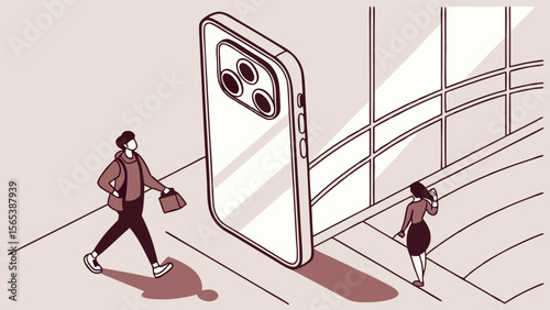 Isometric illustration of people walking by a giant phone with triple camera lens design concept vector