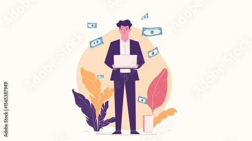 Successful businessman with laptop and money animation
