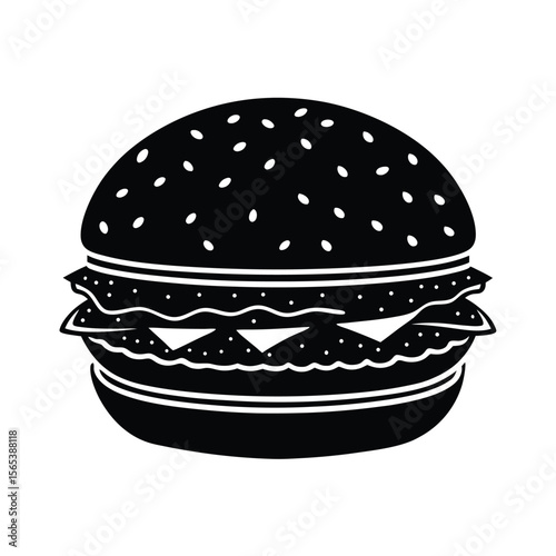 Silhouette of Classic Burger with Lettuce and Cheese – Fast Food Icon Vector Illustration