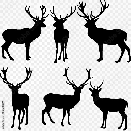 A striking vector set of diverse deer and reindeer silhouettes, perfect for Christmas or wildlife illustrations, featuring various antlered bucks and stags in nature