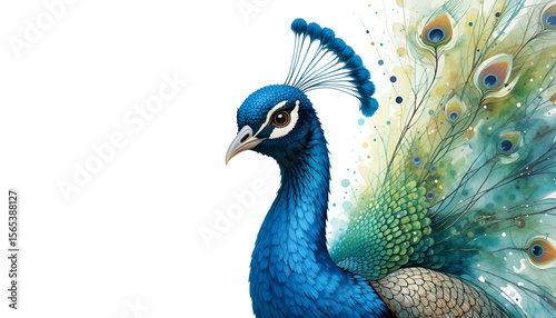 Elegant peacock displays vibrant plumage in a watercolor art style, showcasing a mix of blue, green and gold colors against a transparent backdrop.