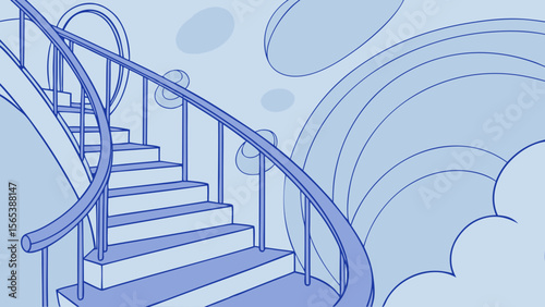 Illustration of stairway to heaven with clouds and rainbow in blue color scheme for design projects