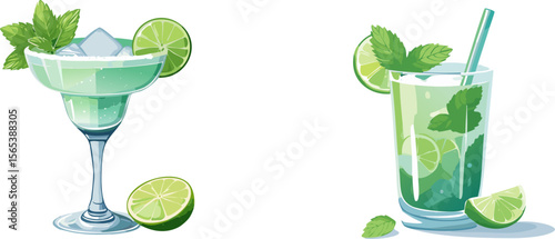 Refreshing margarita and mojito cocktails, perfect for a summer day. Both drinks are beautifully garnished with fresh mint and lime slices, inviting a taste of summer