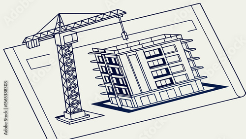 Construction blueprint with crane and building architecture design for engineering project plan concept