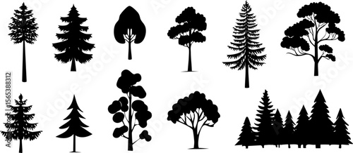 A collection of diverse tree silhouettes, representing different tree types and styles. Perfect for illustrating various forest and nature-related themes