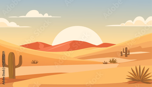 A scenic landscape of the desert, sun sets