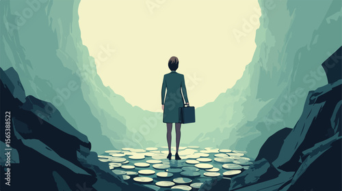 Successful Businesswoman Standing on Coins with Briefcase