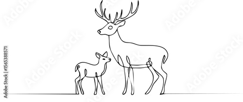 An illustration of a majestic deer and its fawn, depicted with elegant, continuous lines