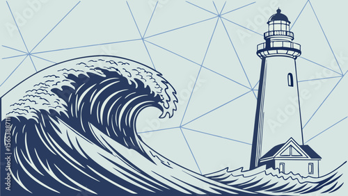 Ocean wave lighthouse illustration vector art nautical scene coastal landscape seascape design graphic artwork