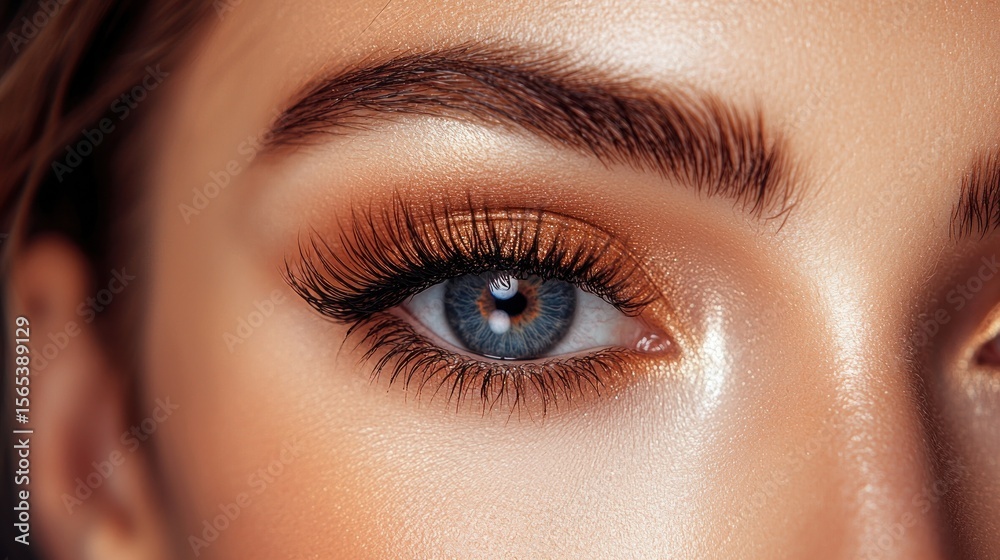 Fototapeta premium Close-up of a woman's eye with dramatic golden eyeshadow and voluminous lashes