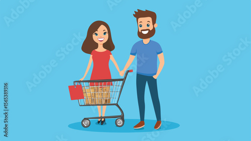 Happy Couple Shopping Together With a Cart in Flat Vector Illustration