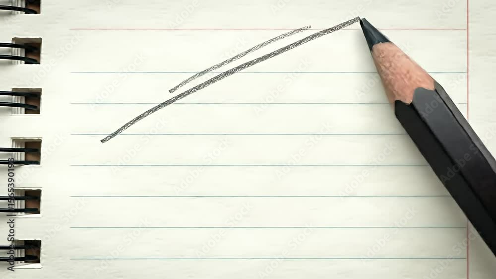 Spiral notebook page with line drawn by a pencil, visible black mechanical binding