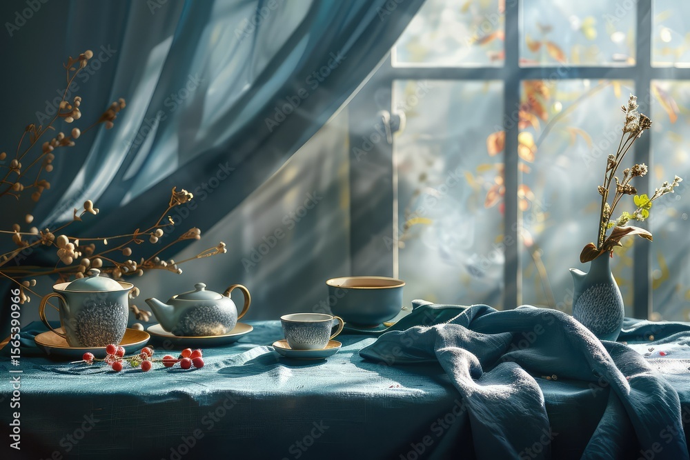 High Quality Visual of a Blue Cloth is on a Table with Teapots and a Tea Set High Quality Visual of a Blue Cloth is on a Table with Teapots and a Tea Set