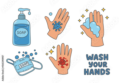 Handwashing Steps Illustration with Soap Mask and Hands with Virus