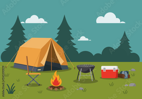 Camping Scene with Tent Campfire Grill Cooler and Forest Background