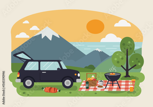 Family picnic scene with car mountains picnic basket and barbeque grill
