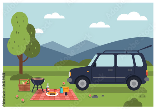 Flat Vector Illustration of a Picnic Scene with Car and Grill