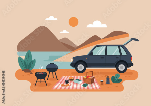 Car camping picnic scene with barbecue grill and mountain lake view