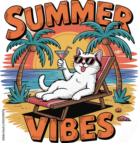 Cool cat relaxing on a beach chair with a drink and sunglasses enjoying summer vibes