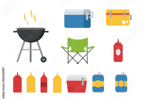 Flat Vector Illustration of BBQ Picnic Elements on White Background