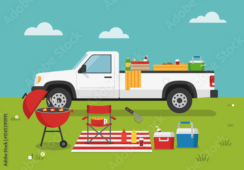 Flat Vector Illustration of a Tailgate Party with a White Pickup Truck