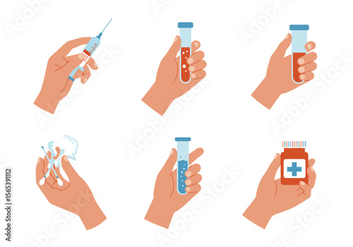 Hands holding medical equipment including syringe test tubes cotton swabs and medicine bottle