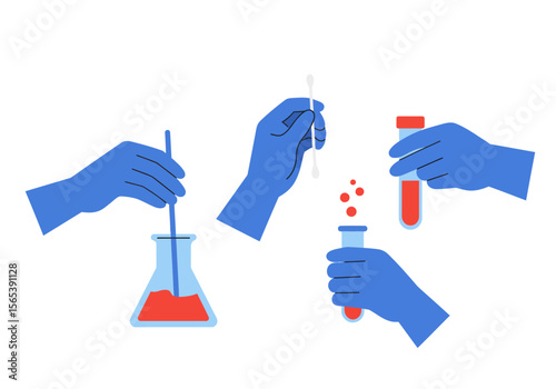 Hands in gloves conducting scientific experiments with test tubes and flasks vector
