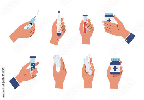 Hands Holding Medical Supplies and Equipment for Healthcare and Treatment