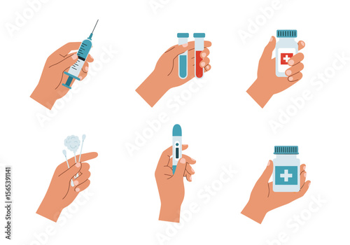 Hands Holding Medical Supplies and Equipment for Healthcare and Treatment Vector Illustration