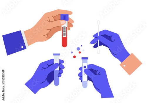 Hands with Blood Sample Swab and Test Tubes for Medical Analysis