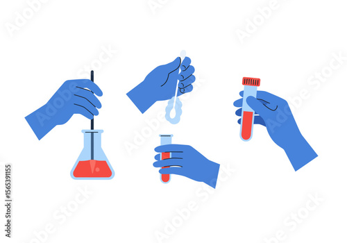 Hands in blue gloves performing laboratory procedures with test tubes and flask