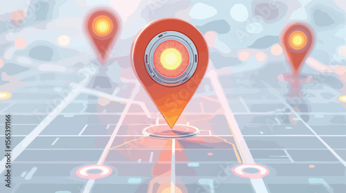 Futuristic digital map illustration with location markers and glowing city lights.