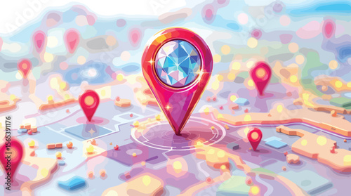 Elegant geolocation concept featuring detailed map and gemstone location markers.