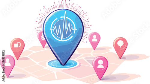 Healthcare diagnostics and patient connectivity illustrated through location pins and map overlay.