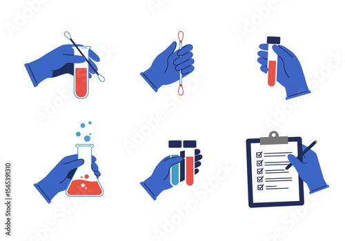 Medical Laboratory Testing and Analysis with Gloves Test Tubes Swabs and Checklist