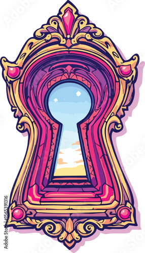 Ornate keyhole illustration with sky view and colorful decorative frame illustration.