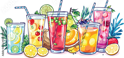 Refreshing colorful fruit drinks in tall glasses with straws on a white background.