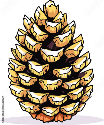 Stylized illustration of a detailed and colorful pine cone against a white background.