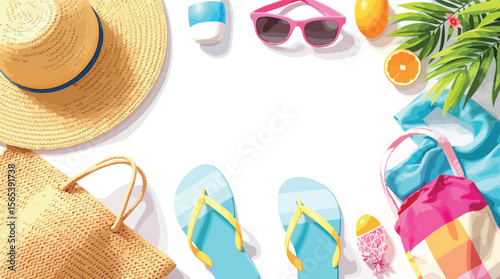 Summer vacation essentials composition with sunglasses hat flip flops beach bag and refreshments.