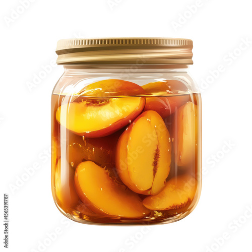 Jar of Preserved Peaches in Syrup, Vibrant and Delicious Home Canning Treat on transparent background