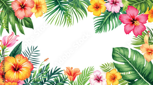 Watercolor tropical floral arrangement with hibiscus flowers and lush greenery on a white background.