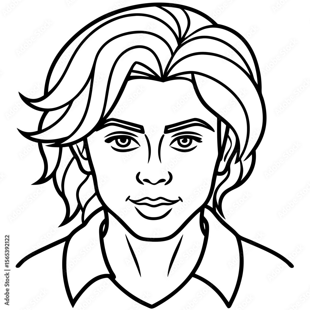 Stylized line art portrait of a young man with wavy hair Stylized line art portrait of a young man with wavy hair