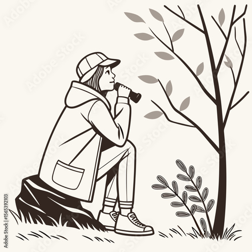 Young explorer with binoculars observes nature from a tree stump