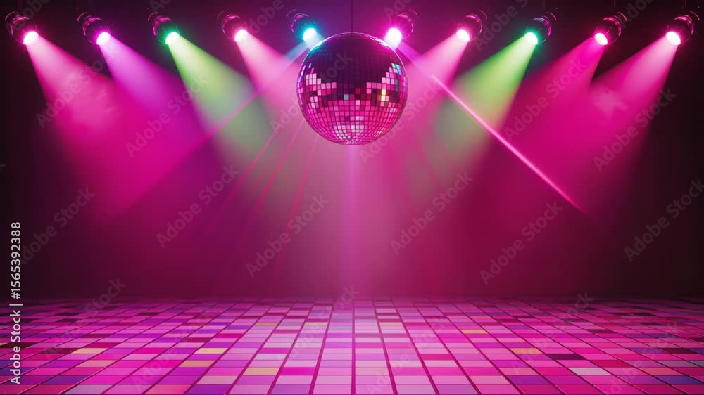 A shiny disco ball above the groovy dance floor slowly rotates, neon stage lights gently glide across the checkered floor, reflections shimmering in the vibrant atmosphere