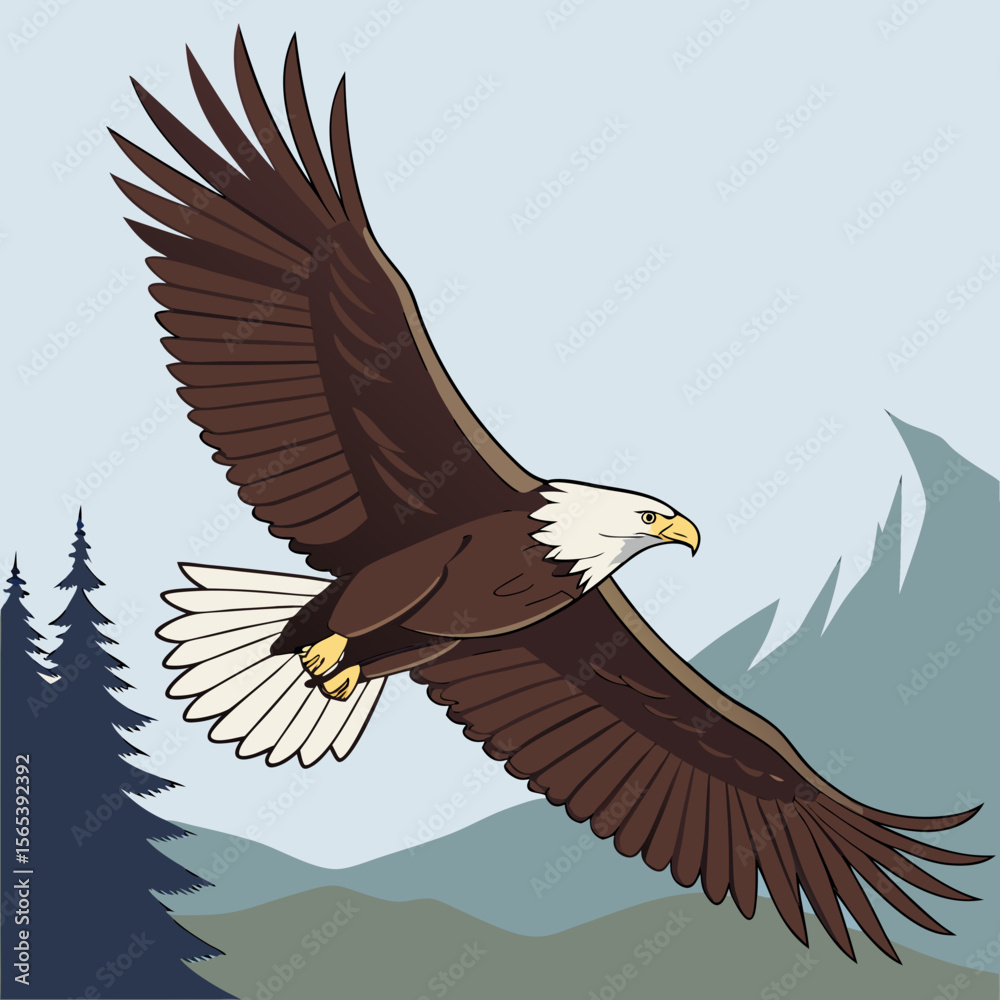 Fototapeta premium Majestic bald eagle soars through a serene mountain landscape