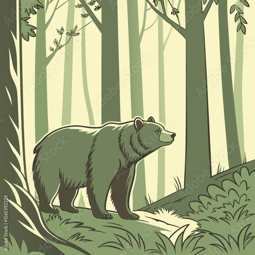 A solitary bear explores a lush green forest with tall trees