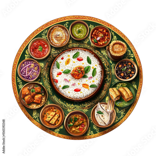 Colorful Indian Thali with Rice, Curries, and Sides for a Festive Meal on transparent background