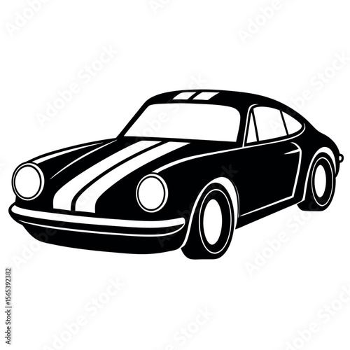 Classic black sports car with white racing stripes isolated on white background