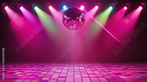 A shiny disco ball above the groovy dance floor slowly rotates, neon stage lights gently glide across the checkered floor, reflections shimmering in the vibrant atmosphere